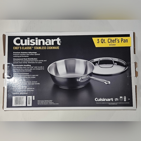 Cuisinart 3 Qt Chefs Pan w/ Lid. Stainless Cookware Cool Grip w/ Measurements - Picture 2 of 3